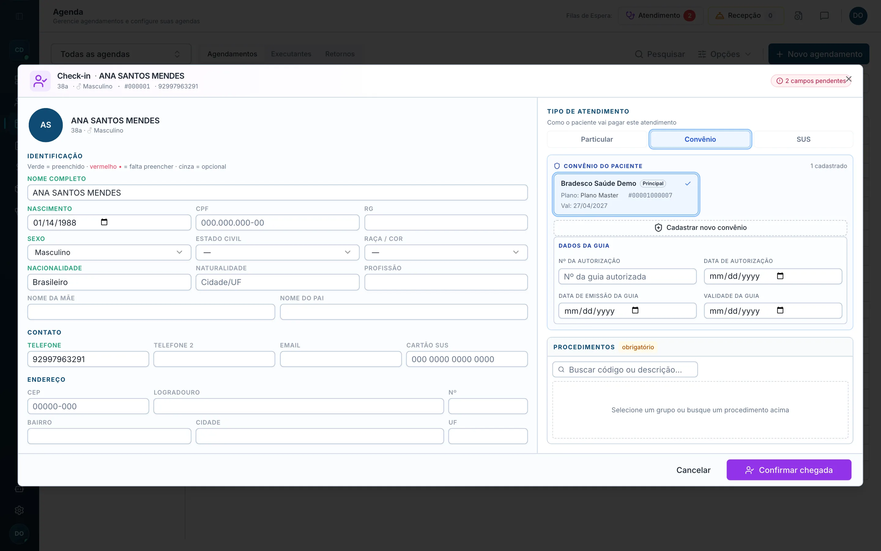 Dialog de check-in com tipo de atendimento e convênio