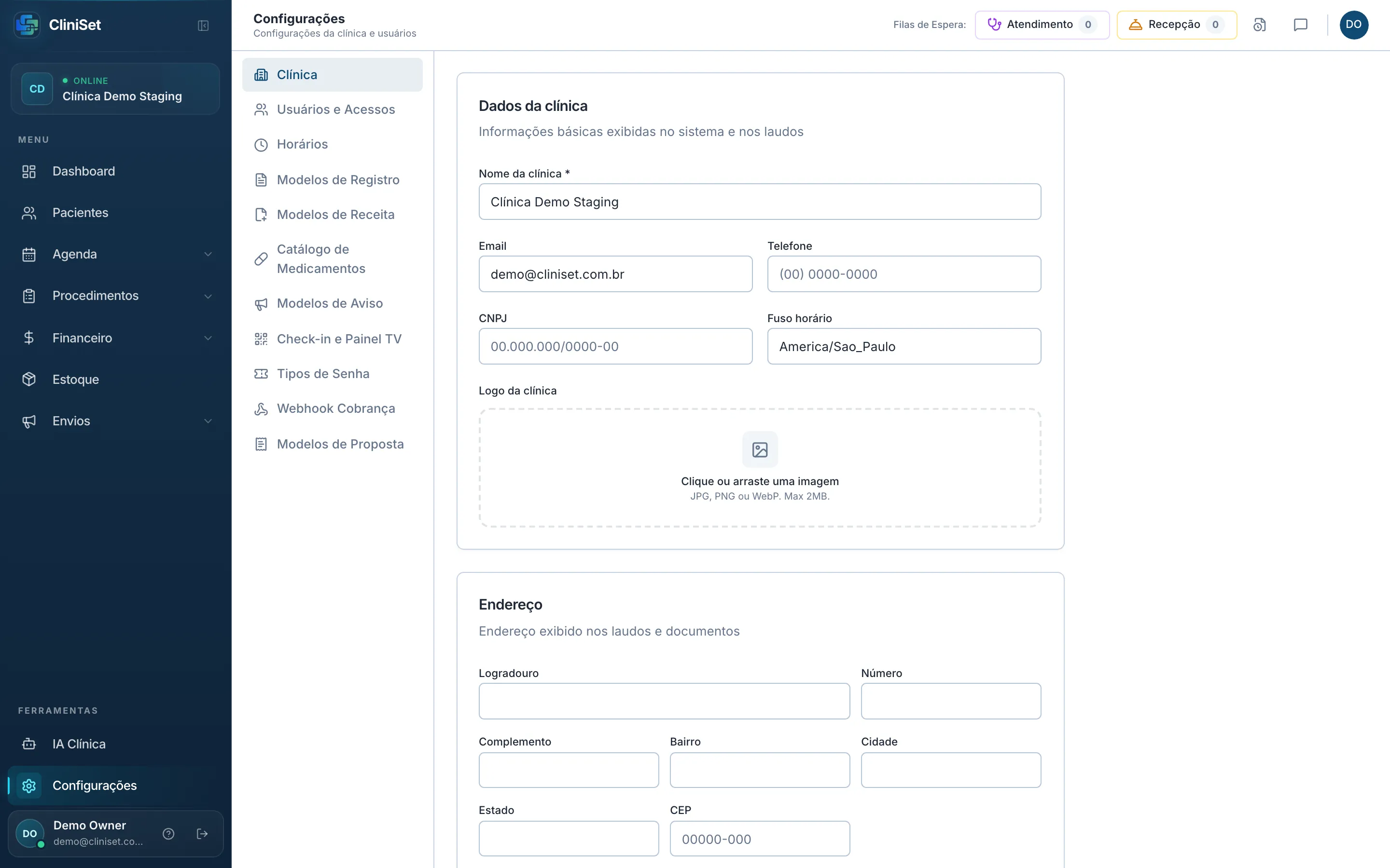 Tela de configurações com as abas laterais