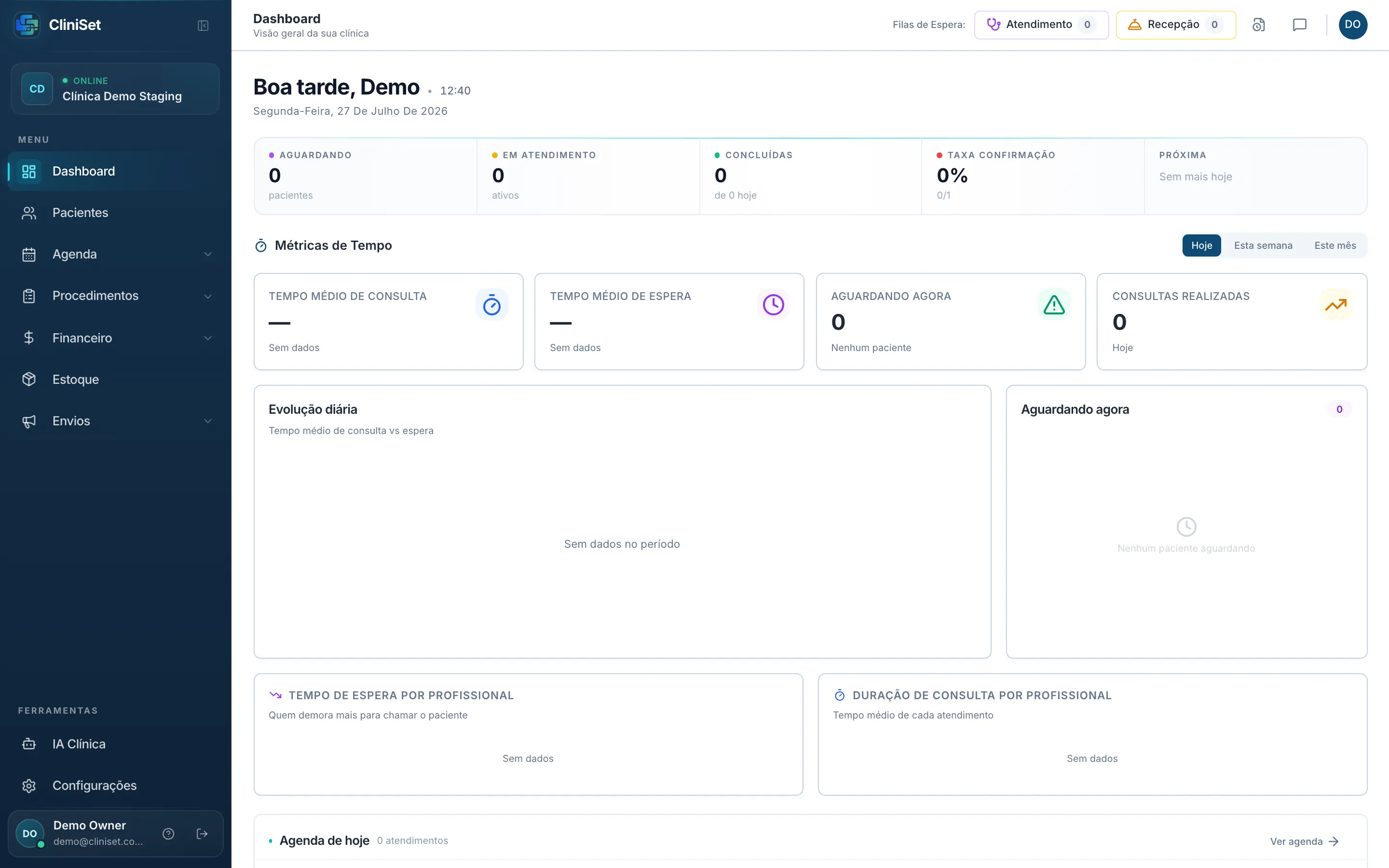 Dashboard do Cliniset com a barra lateral