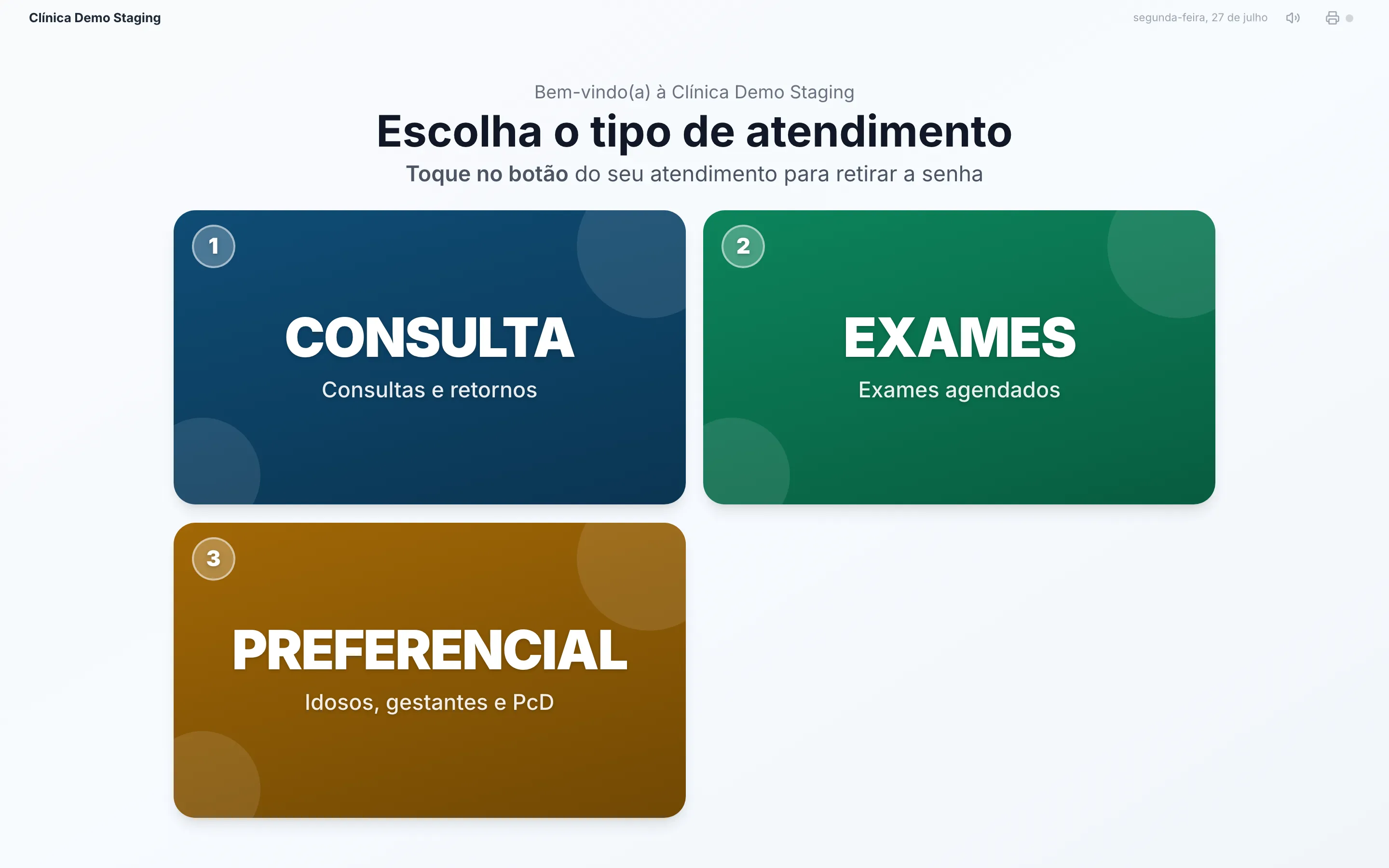 Tela do totem com os tipos de atendimento